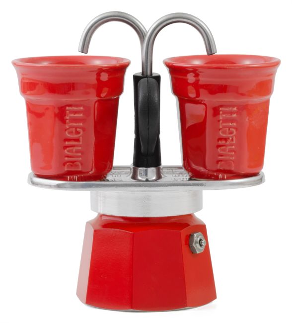 Moka Set enthält Kaffeemaschine für 2 Tassen (90ml) + 2 Espressotassen, Rot, Aluminium